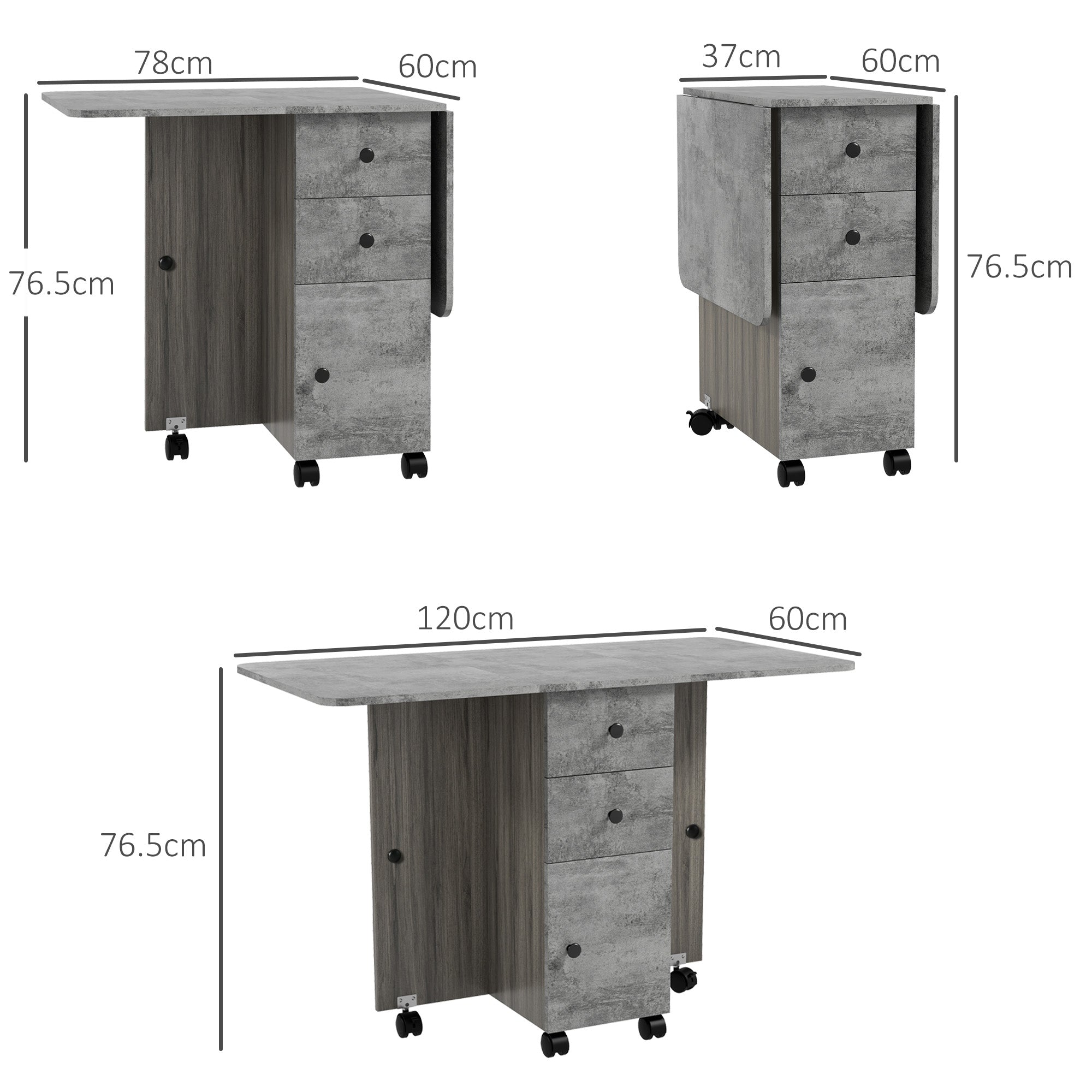 Tavolo Pieghevole a Ribalta 120x60x76.5 cm con 2 Cassetti e Armadietto in Legno Effetto Cemento Grigio