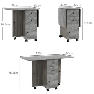 Tavolo Pieghevole a Ribalta 120x60x76.5 cm con 2 Cassetti e Armadietto in Legno Effetto Cemento Grigio