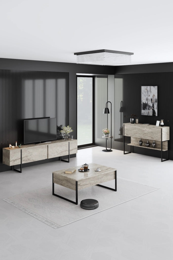 Porta TV in legno "Luxe" - 180 x 30 x 50 cm - TravertinoNero