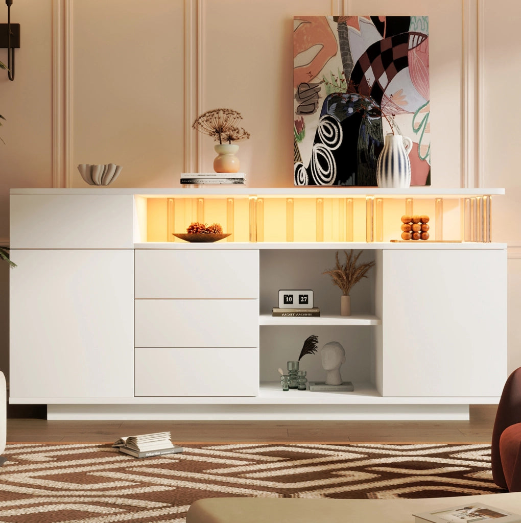 Credenza ULEVR 160x40x75 cm bianca con LED, 4 cassetti, 2 ante e ripiani regolabili