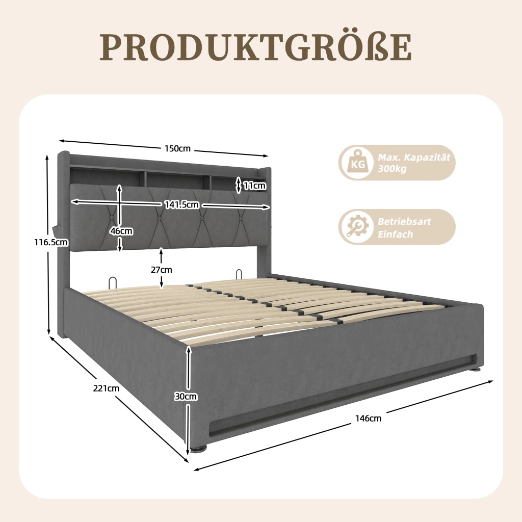 Letti contenitori imbottito 140x200 cm; testiera con ripiano e LED; velluto; grigio scuro (Senza materasso)