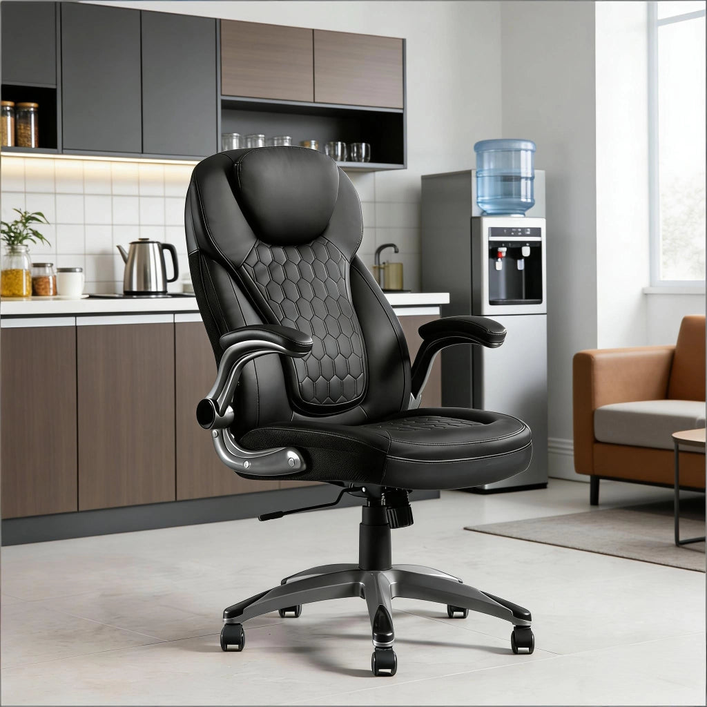 Sedia da ufficio Sedia direzionale con altezza regolabile 9,5 cm e braccioli pieghevoli in PU, rete, metallo e nylon, Nero