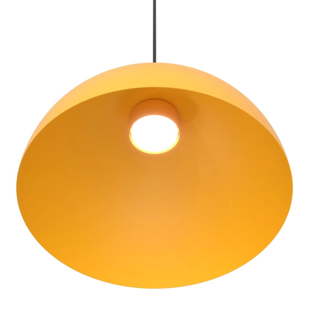 Lampada a sospensione LUNARO in acciaio arancione e dettagli neri