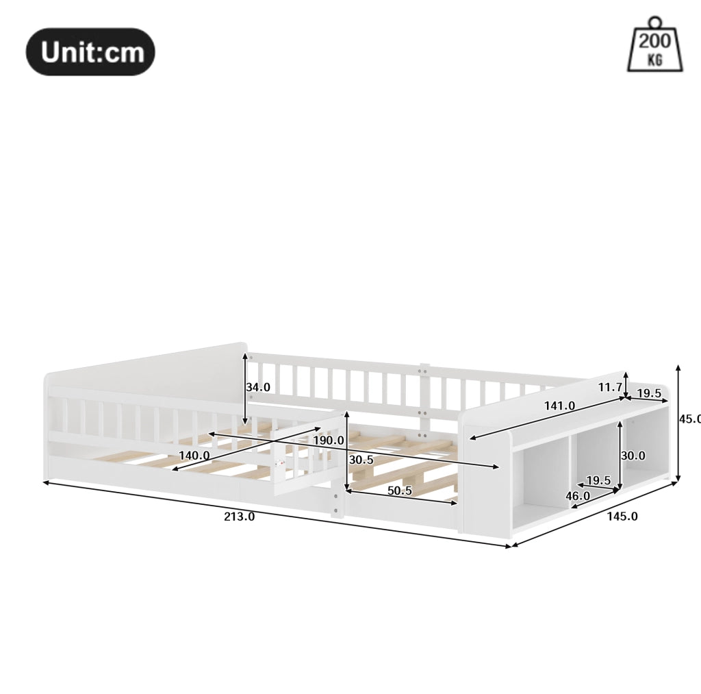 Letto per bambini 140x190 cm in pino e MDF bianco con ripiani