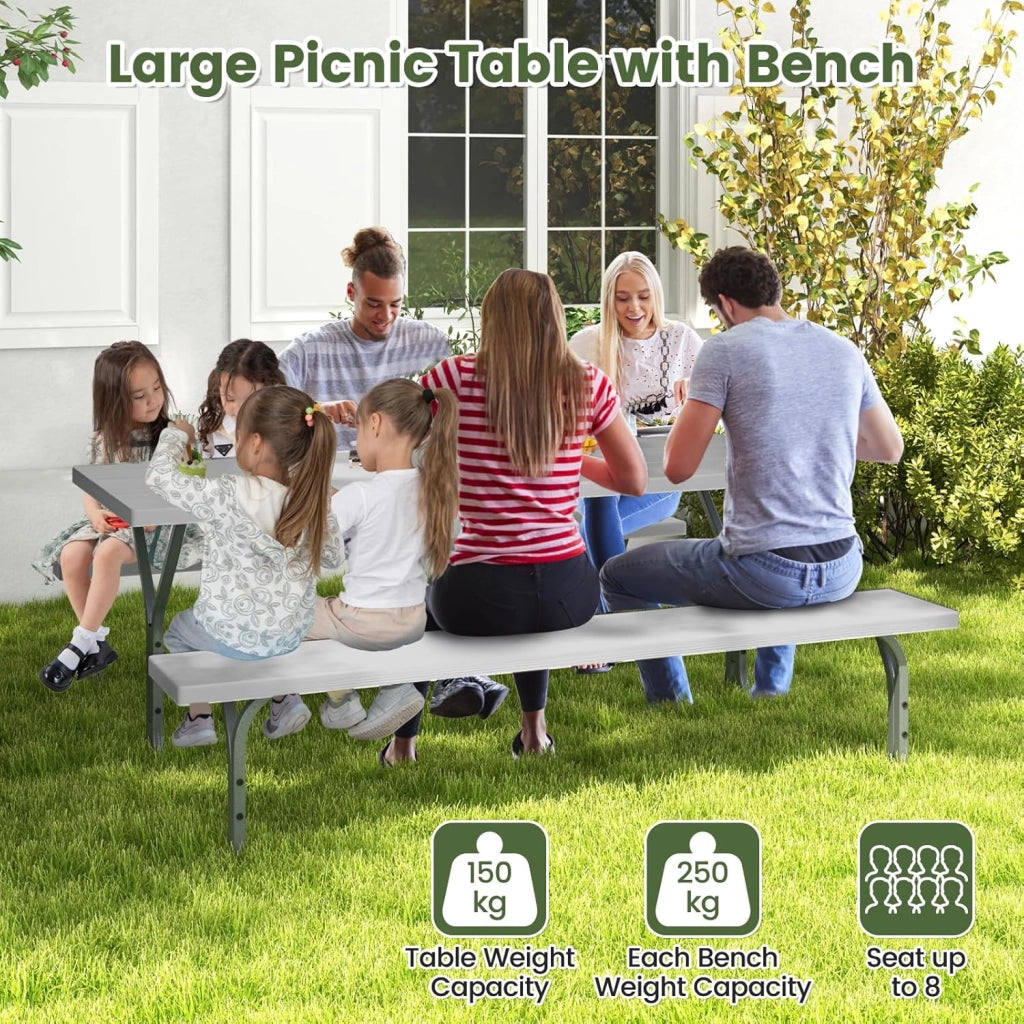 Set Tavolo da Picnic con Panche per 8 Persone, Tavolo da Campeggio con Foro per Ombrellone, Telaio in Metallo, Tavolino da Picnic Rettangolare con Sedute per Patio (Grigio)
