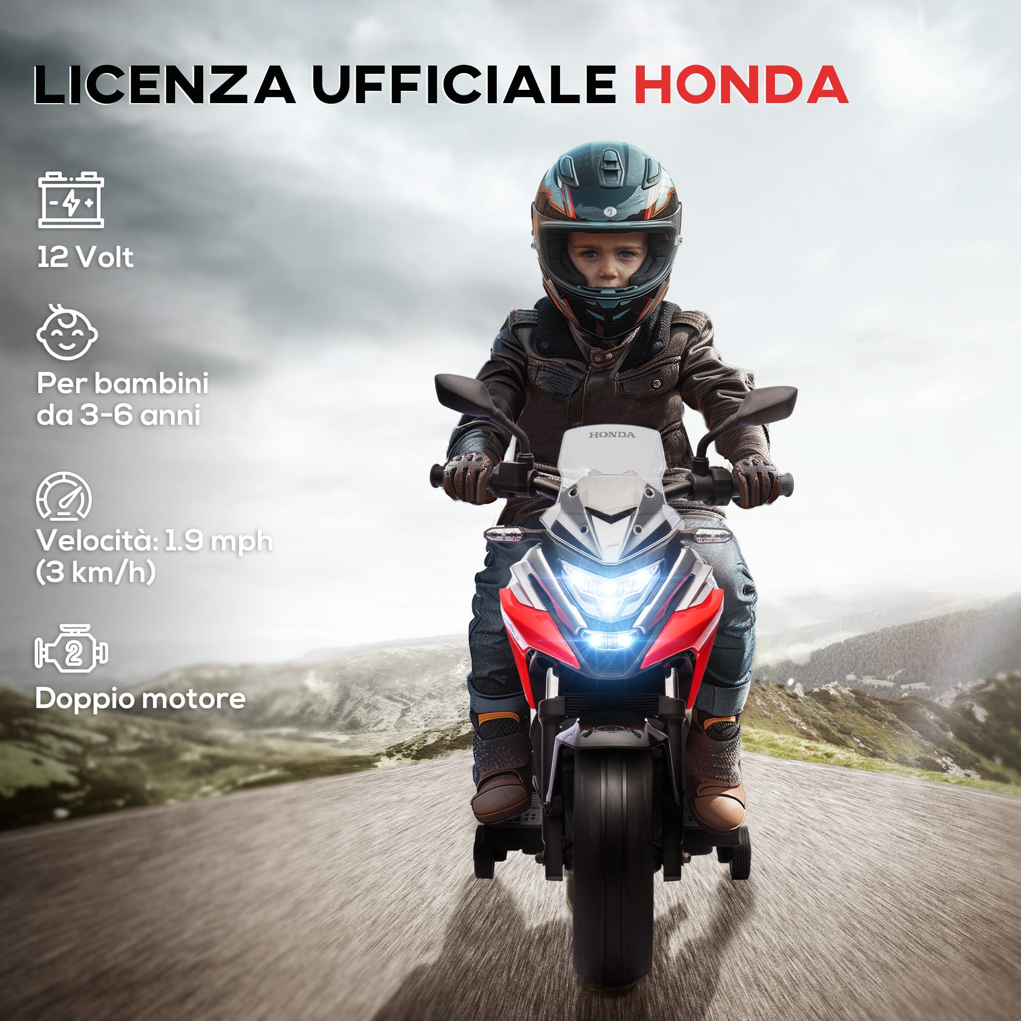 Moto Elettrica per Bambini Licenza Honda con Fari e Rotelle Rosso