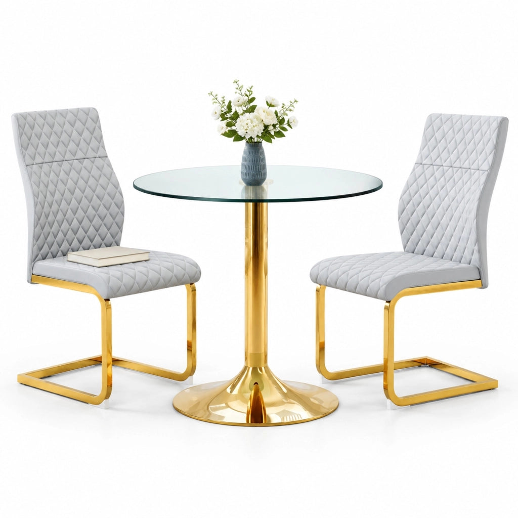 Set tavolo da pranzo rotondo in vetro con sedie grigio chiaro
