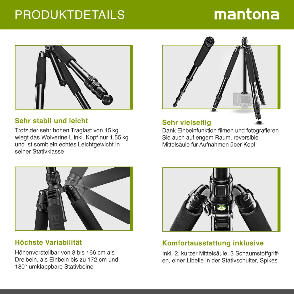Mantona Wolverine L 284 treppiede per fotocamera in alluminio, cavalletto fino a 15 kg, altezza regolabile fino a 166 cm, punte, livella a bolla, lampada LED, utilizzabile anche come monopiede