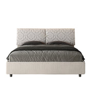 Letto Matrimoniale 160x210 cm con Rete e Contenitore con Testata e Alzata Comoda Imbottito in Tessuto Agata Mados Bianco