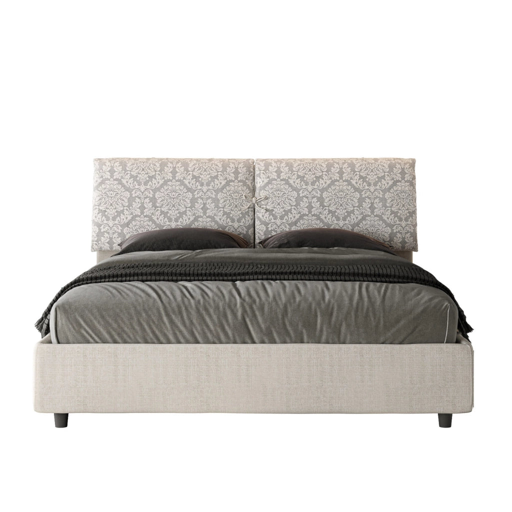 Letto Matrimoniale 160x210 cm con Rete e Contenitore con Testata e Alzata Comoda Imbottito in Tessuto Agata Mados Bianco