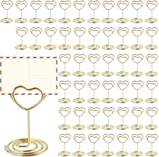 Set di 50 cartellini per biglietto d'invito dorati, sostenitore di foto a forma di cuore da 40 x 50 mm, sostenitore di menu, sostenitore di biglietto d'invito per matrimoni, feste, ricevimenti