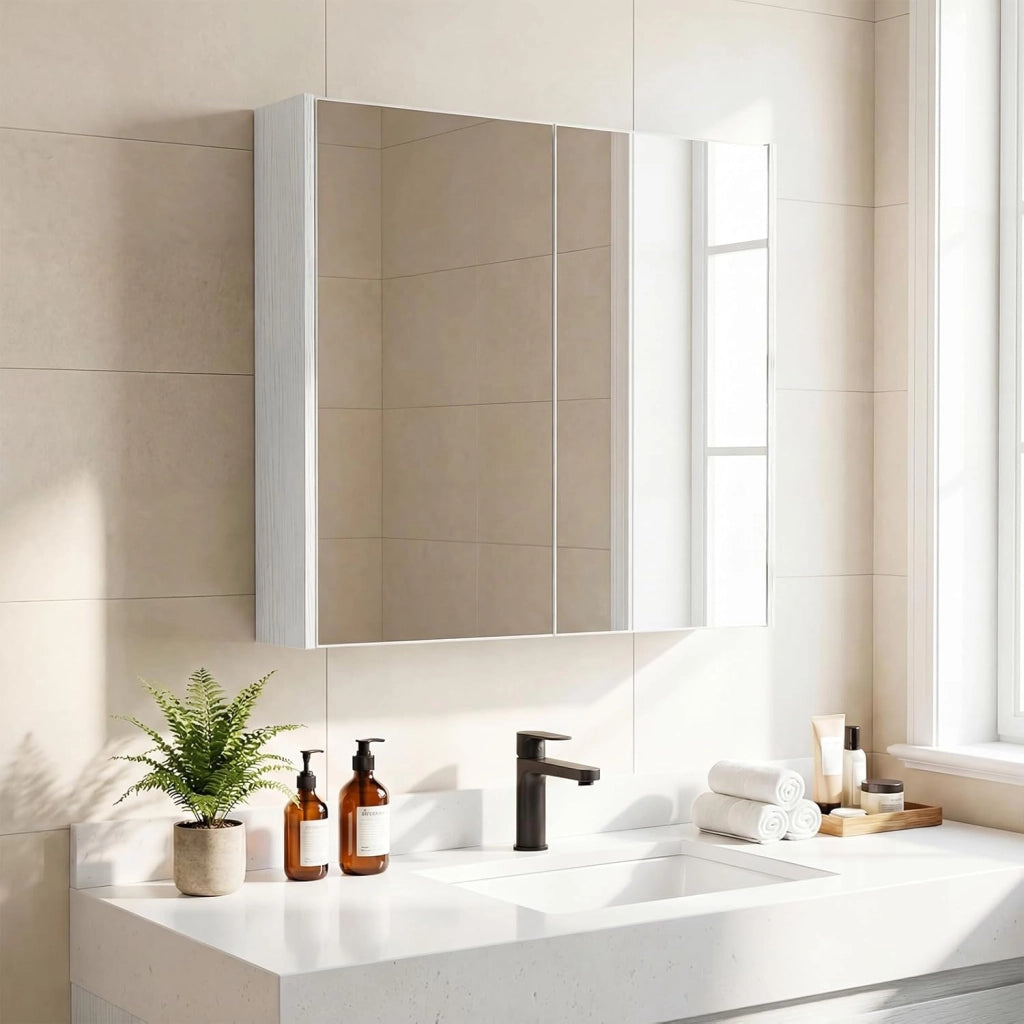 Armadietto da Bagno con Specchio a 2 Ante, Mobiletto da Parete Pensile Salvaspazio in Legno, Mobile Bagno Sospeso per Camera da Letto, Ingresso e Soggiorno, 62 x 11 x 65 cm (Bianco)