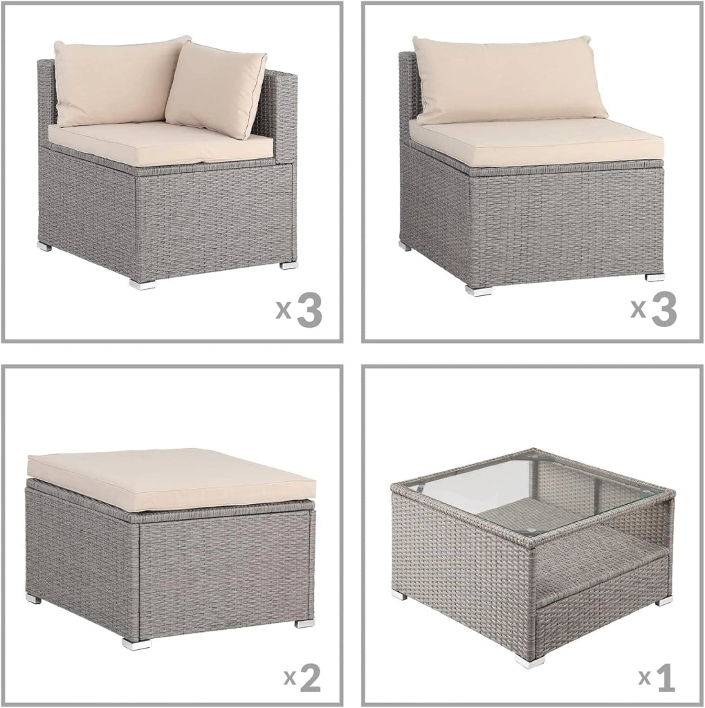 Set Salotto in Polyrattan XL Cuscini Imbottiti Tavolo in Vetro Resistente Mobili da Giardino Salottino Angolo