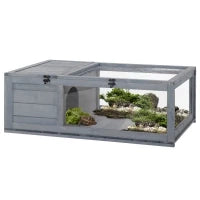 Casetta per Tartarughe con 2 Spazi, Gabbie per Piccoli Animali, in Legno Massello, 91 x 60,5 x 32 cm, Grigio