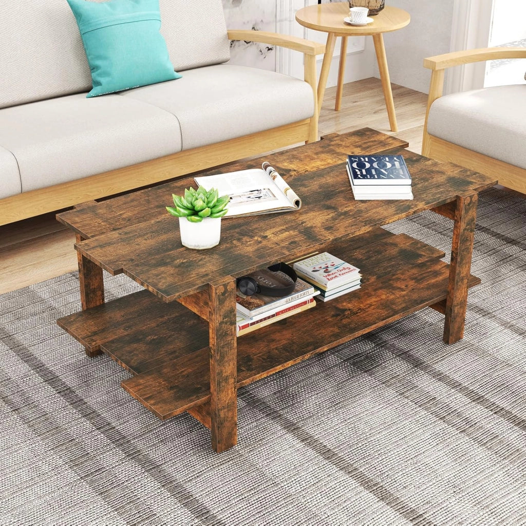 Tavolino da Caffè a 2 Ripiani, Tavolino Rettangolare da Salotto in Legno con Mensola di Stoccaggio, Ideale per Ufficio e Soggiorno, 115 x 59 x 46 cm (Marrone)