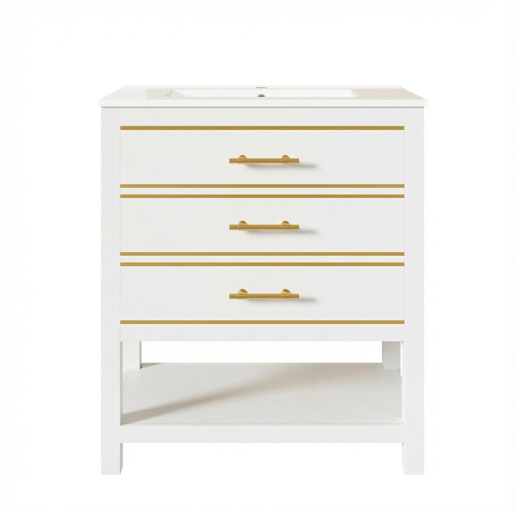 Mobile bagno con lavabo in ceramica 76 cm; bianco e oro; in MDF con 2 cassetti e vano aperto