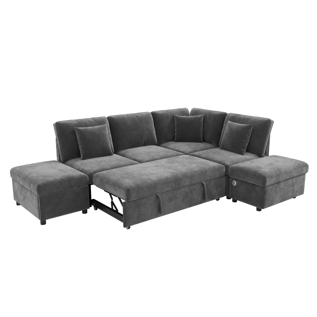 Divano angolare letto modulare 4 posti con pouf contenitore e USB in chenille grigio
