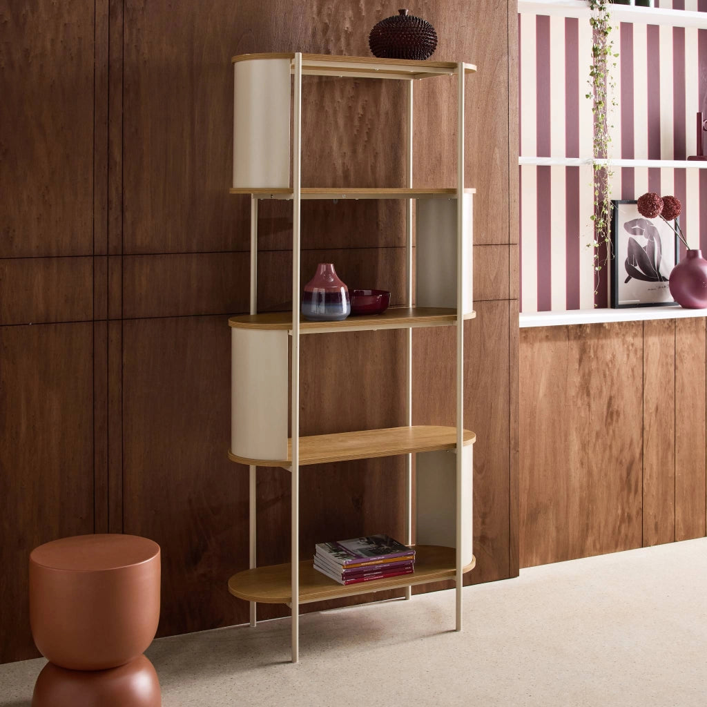Libreria in metallo curvato e legno a 5 livelli, beige
