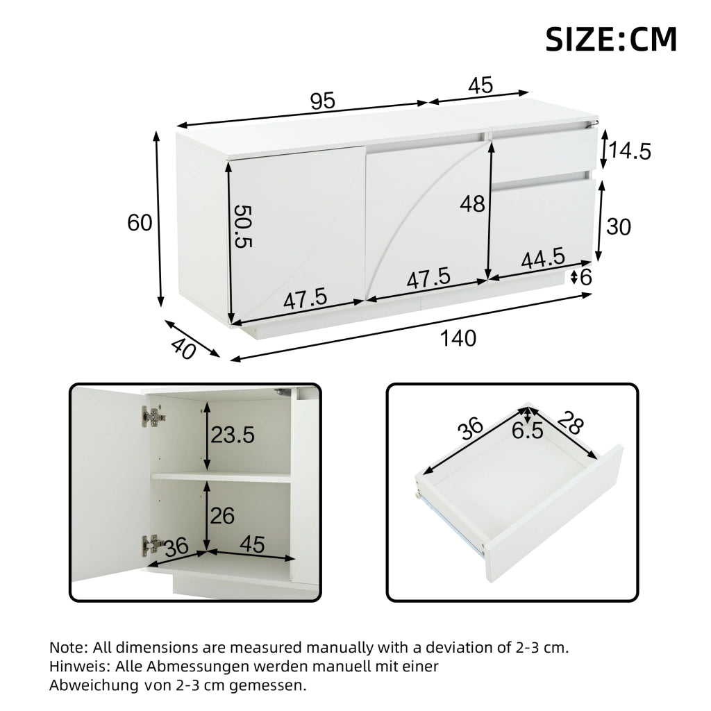 Credenza con 3 ante; 1 cassetto e LED - per soggiorno - in MDF - 140×40×60 cm - bianco