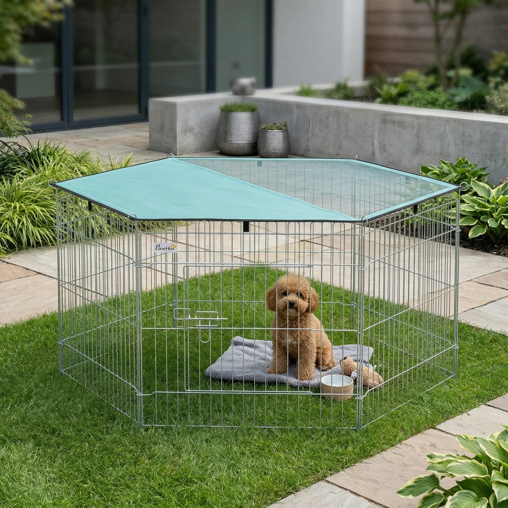 Recinto per Cane 6 Pannelli con Tetto Modulabile Pieghevole ¨C Zephmum ¨C Argento Verde 60H cm