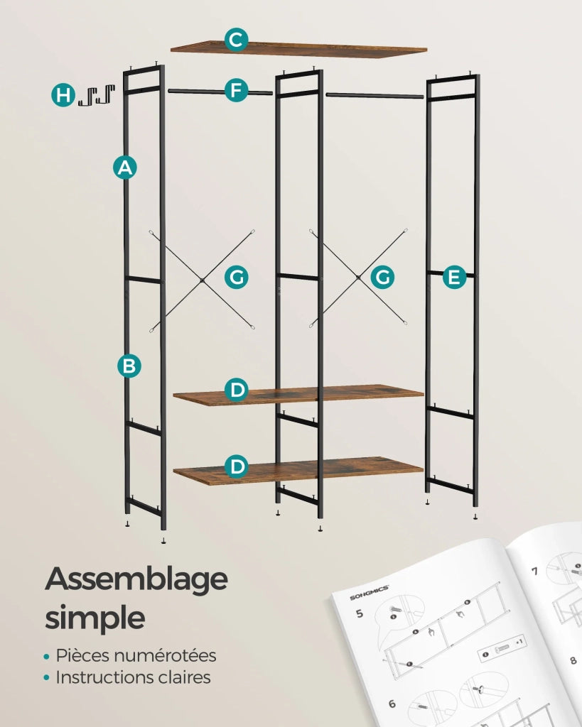 Armadio porta abiti portatile ripiani pieghevoli in metallo con asta appendiabiti e gancio rimovibile 40 x 945 x 180 cm marrone 12_0004046