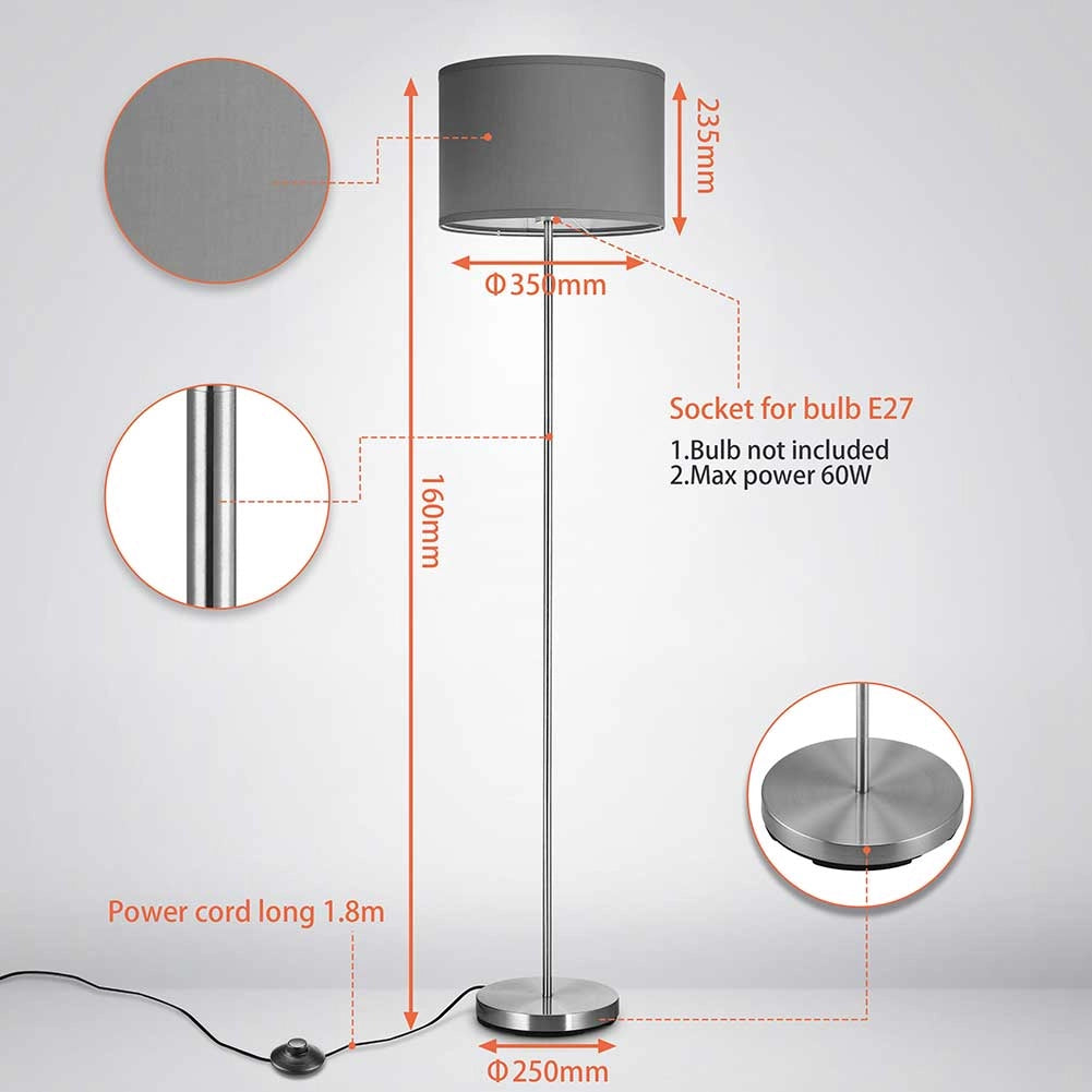 Lampada Piantana da Terra Moderna 160cm Paralume in Tessuto E27 60W Silver Grigio