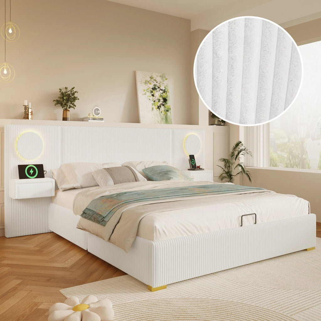 Letto Contenitore 180x200 cm Letto Matrimoniale; USB; LED e contenitore in Velluto Beige