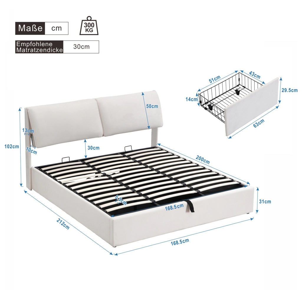 Letto imbottito 160x200 cm con contenitore; 3 cassetti; alzata idraulica; velluto beige