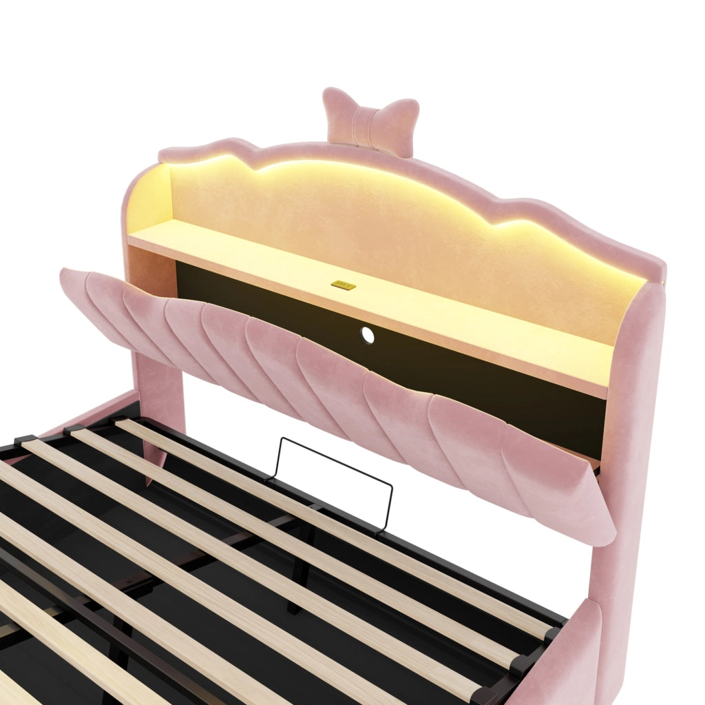 Letto imbottito per bambini 140x200 cm in velluto rosa con contenitore; LED e USB
