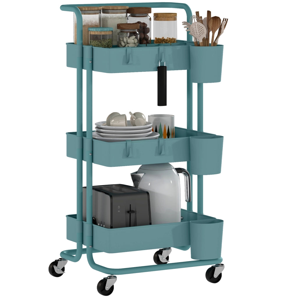 Carrello a 3 livelli con 4 ganci e 3 contenitori sospesi ¨C zephmum ¨C 42x38x86,5 cm blu-verde