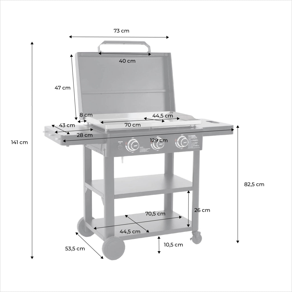 Plancha a gas 3 bruciatori acciaio inossidabile 12kw con carrello e