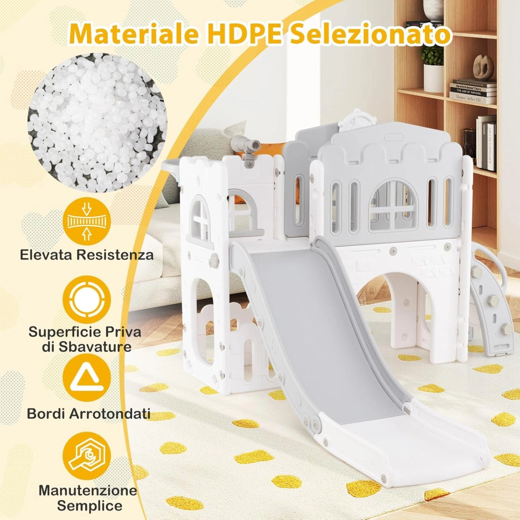Scivolo per Bambini 9 in 1, Set da Gioco con Canestro da Basket, Telescopio, Volante, Corridoio, Tunnel e Spazio di Archiviazione, Scivolo da Interno ed Esterno per 1+ Anni (Grigio+Bianco)