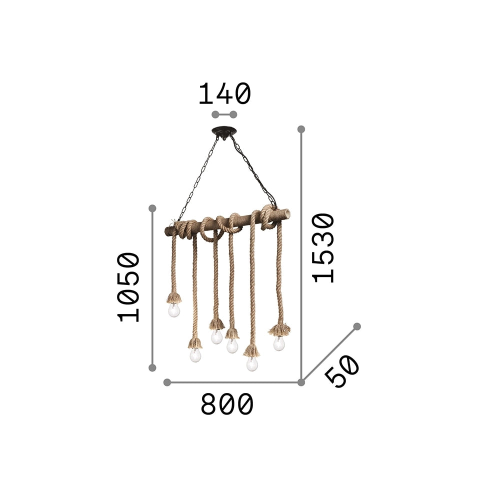 Sospensione Rustica-Country Canapa Metallo Marrone Tessuto Marrone 6 Luci E27