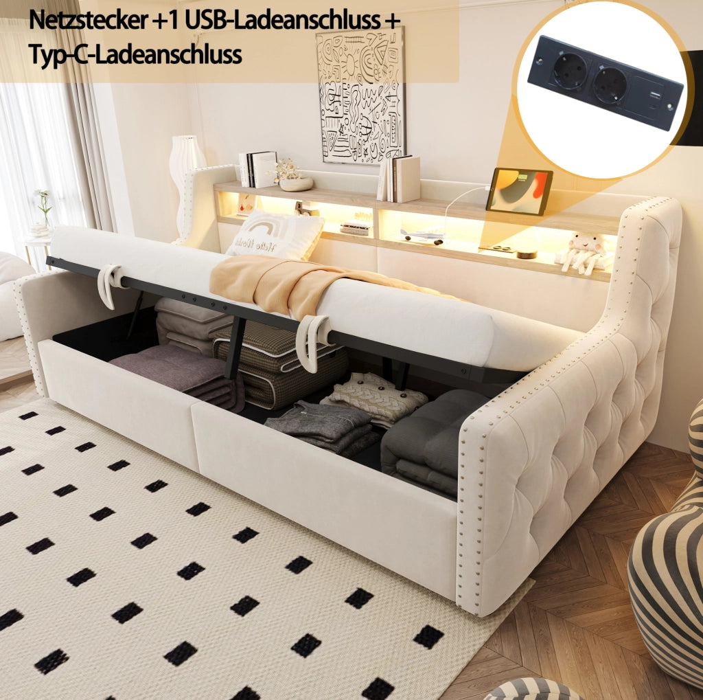 Letto imbottito 90x200 cm con contenitore, LED e testiera multifunzione
