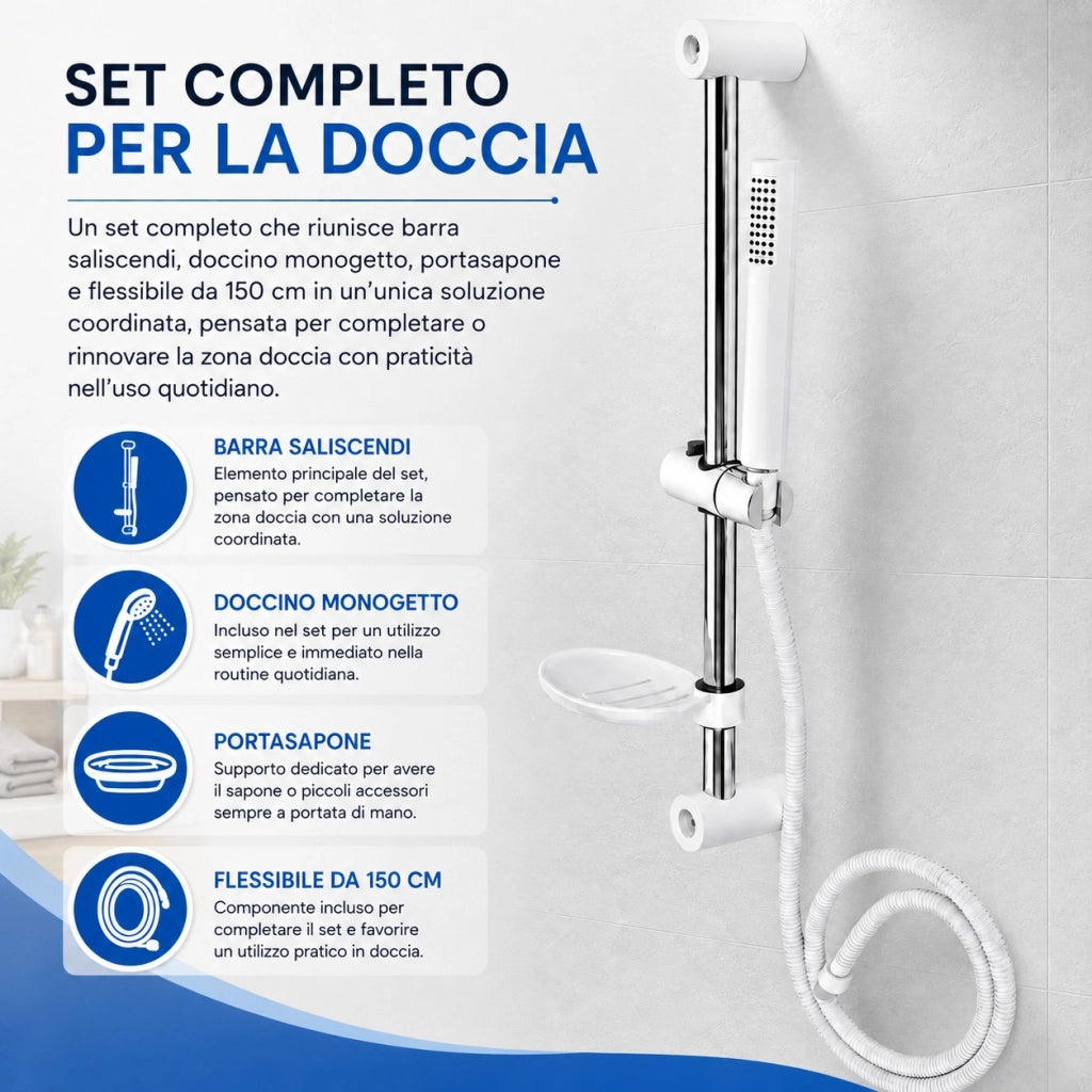 Saliscendi Bianco Silver 60 cm Doccino Portasapone Flessibile 150 cm 94419