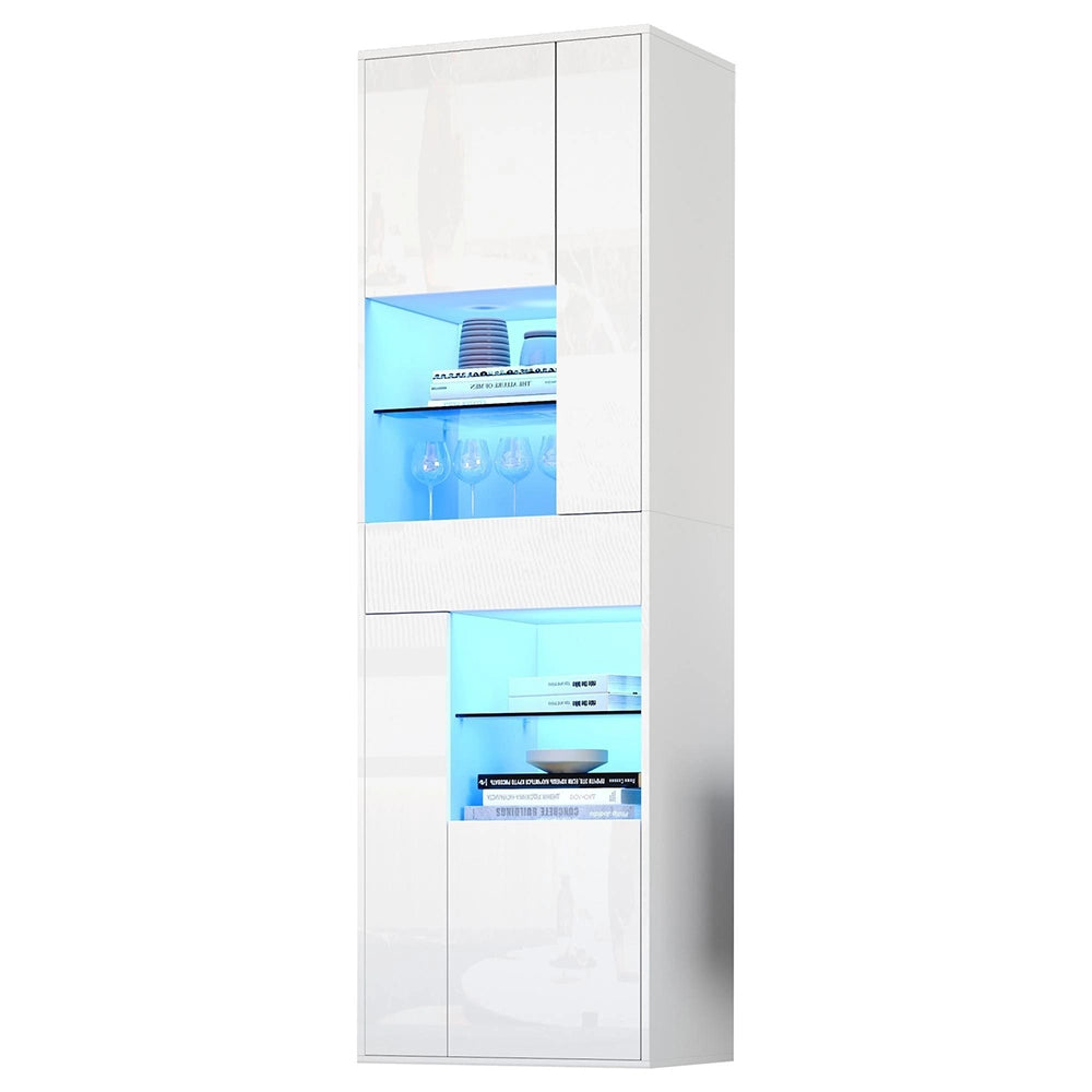 Vetrina esposizione 55x38x170 cm con LED - Xylo - 1 cassetto, 4 ante vetrate, design brillante, bianco