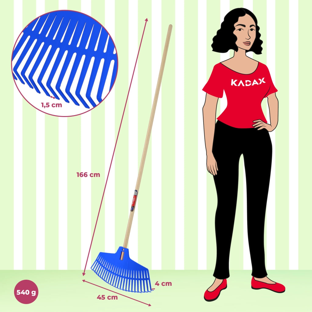 Rastrello per foglie KADAX con manico in legno, 166 cm, universale, per giardino e prato.