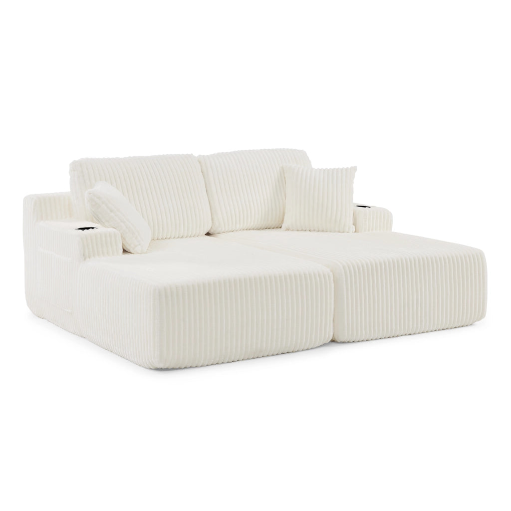 Divano Letto 2 Posti Relax ¨C Xylo ¨C Tessuto a Coste, Beige, con Cuscini e Poggiapiedi