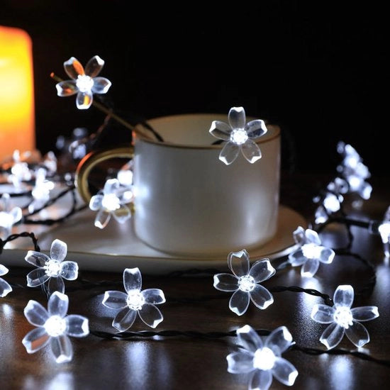 Lanterna a LED string solare Sakura, illuminazione di Natale per cortile e esterno, lampada a LED in legno di mogano, impermeabile, alimentata da energia solare + caricabile via USB (senza cavo), 12 metri, 100 luci.