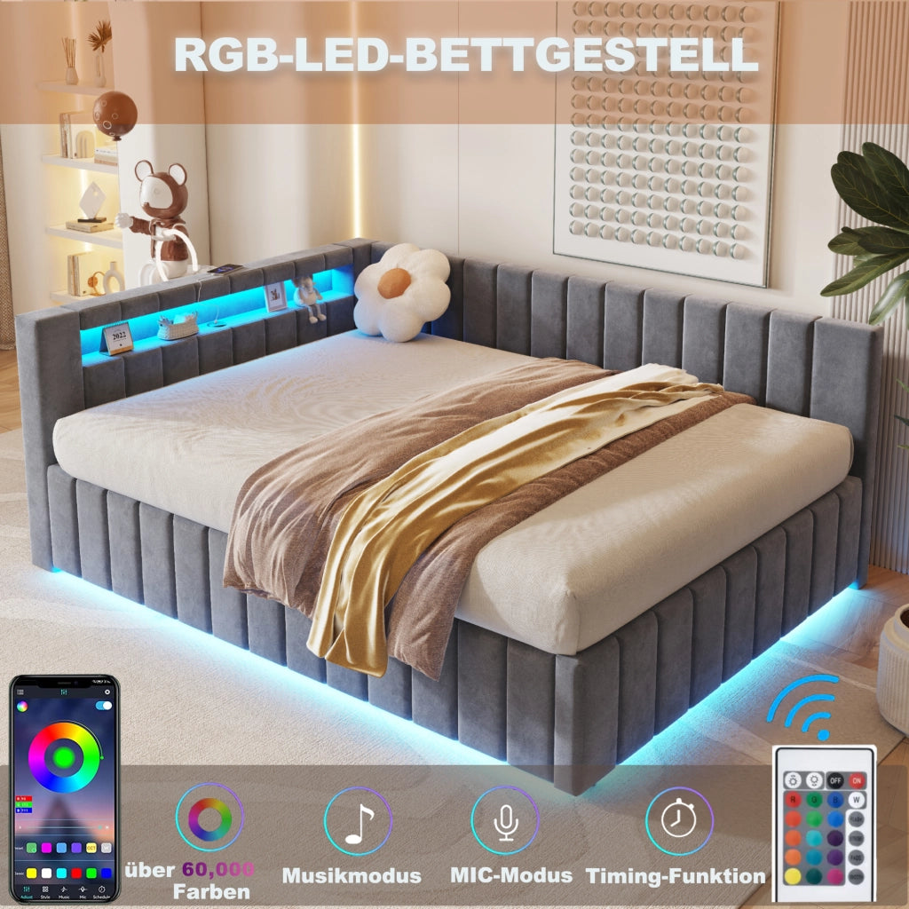 OKWISH Letto Contenitore 140×200 cm, Letto Matrimoniale con LED Regolabile, USB e Sollevamento Idraulico, senza Materasso, Grigio