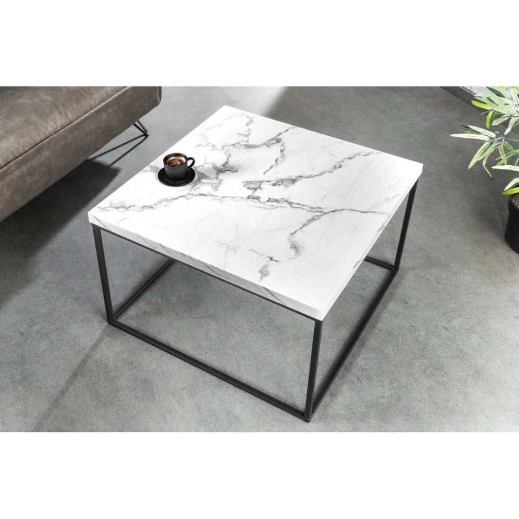 Tavolino basso ABITTA quadrato 60 cm marmo bianco – Moderno con piano effetto marmo e gambe in metallo