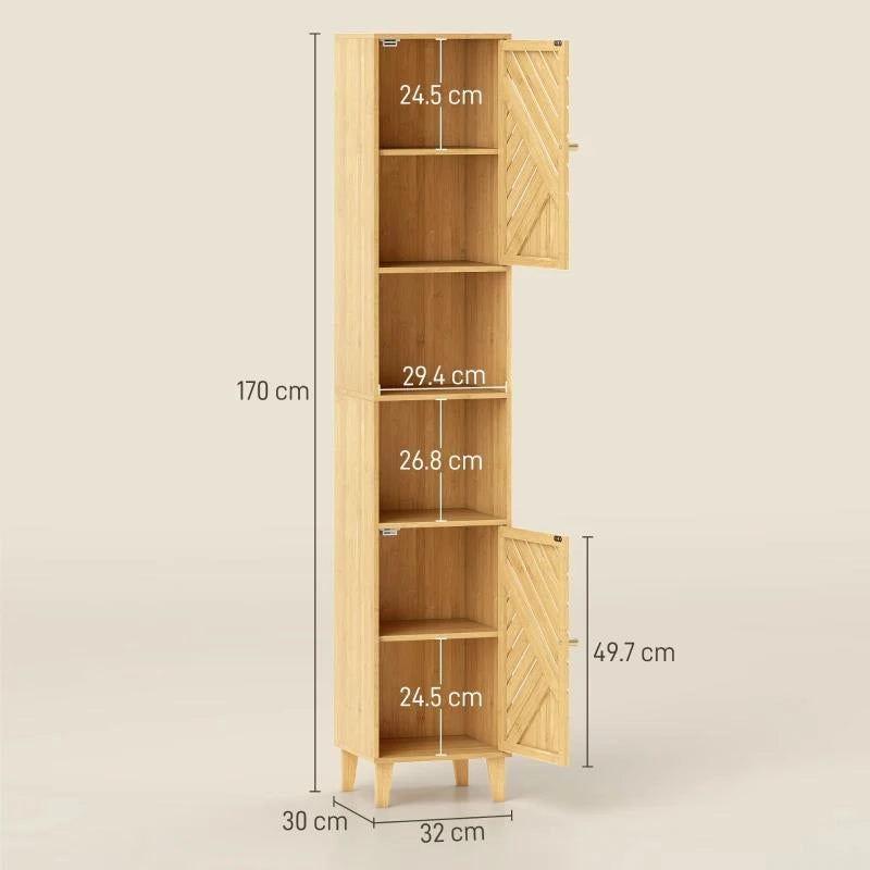 MOBILE COLONNA BAGNO CON 2 ARMADIETTI E 2 RIPIANI CON SCAFFALE REGOLABILE, IN BAMB¨ E TRUCIOLATO, 32X30X170 CM