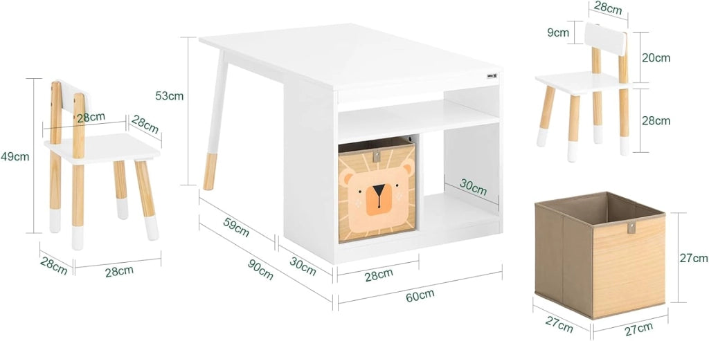 Tavolo per bambini con 2 sgabelli Set mobili per bambini Tavolo con spazio di archiviazione Bianco 90x60x53cm KMB113-W