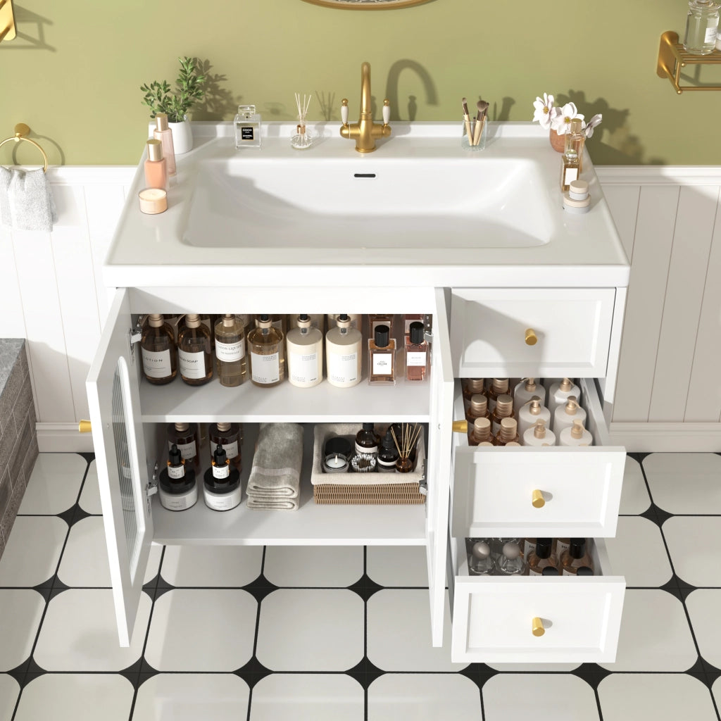 Mobile sottolavabo con lavabo in ceramica, 2 cassetti e anta in vetro, ripiani regolabili, per bagno, bianco