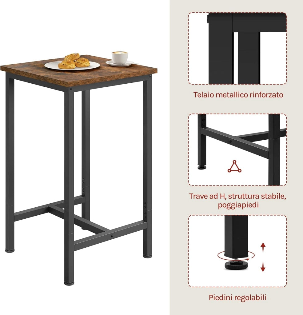 Set Mobili da Bar Tavolo con 2 Sgabelli Alti Arredo per Cucina in Acciaio Legno, Tavolo Cucina 60 x 60 x 100 cm, Marrone rustico + Nero