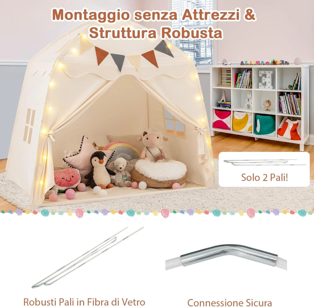 Tenda per Bambini con Luci Fatate e Bandierine, Tenda Casetta da Gioco con 2 Finestre, Tenda Gioco Castello Portatile per Interni ed Esterni, 157 x 98 x 148 cm (Beige)