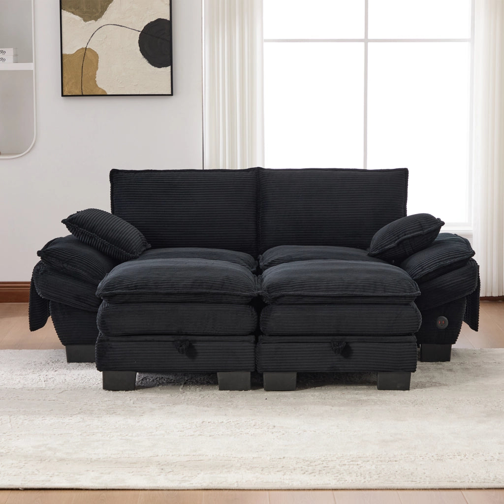 Divano modulare 2 posti con schienale ergonomico, porta USB-C e tasche laterali, con pouf in tessuto corduroy nero
