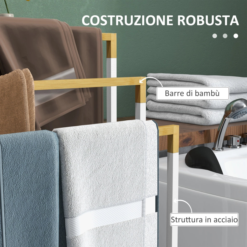 Portasciugamani 3 Sbarre in Bamb¨´ e Acciaio ¨C zephmum ¨C Bianco e Legno 45x22.5x86 cm