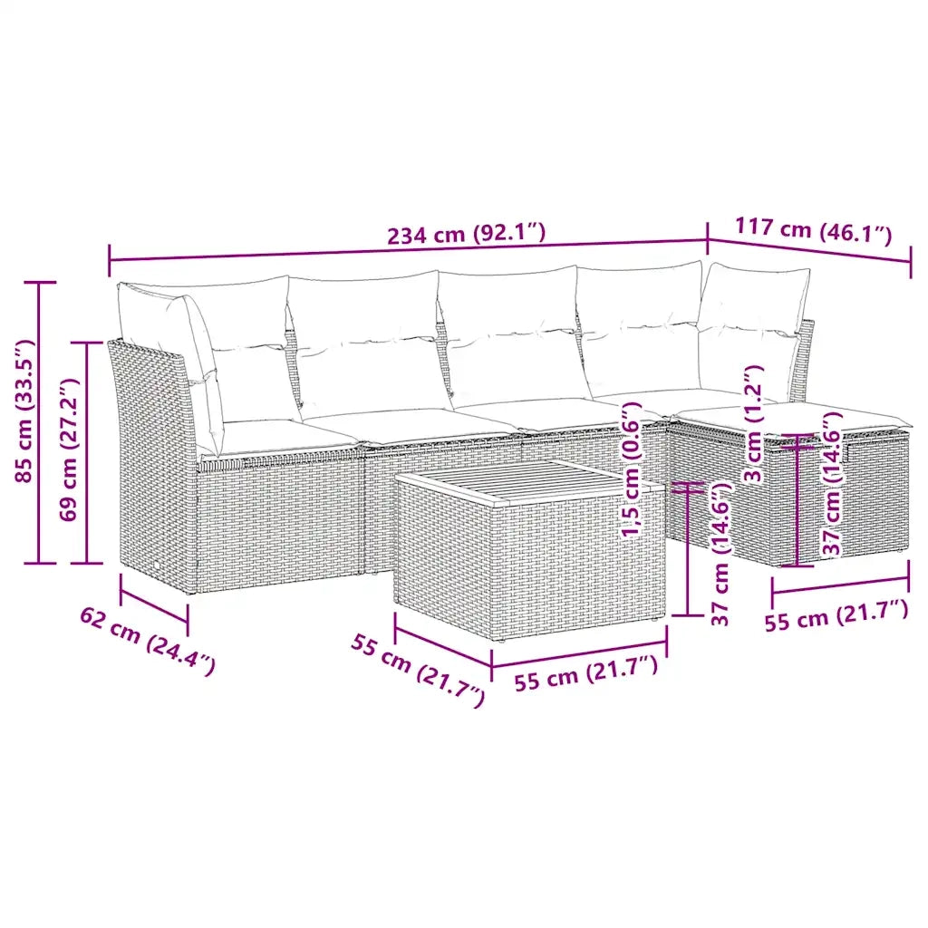 Set Divano da Giardino 6 pz con Cuscini Nero in Polyrattan 3325753