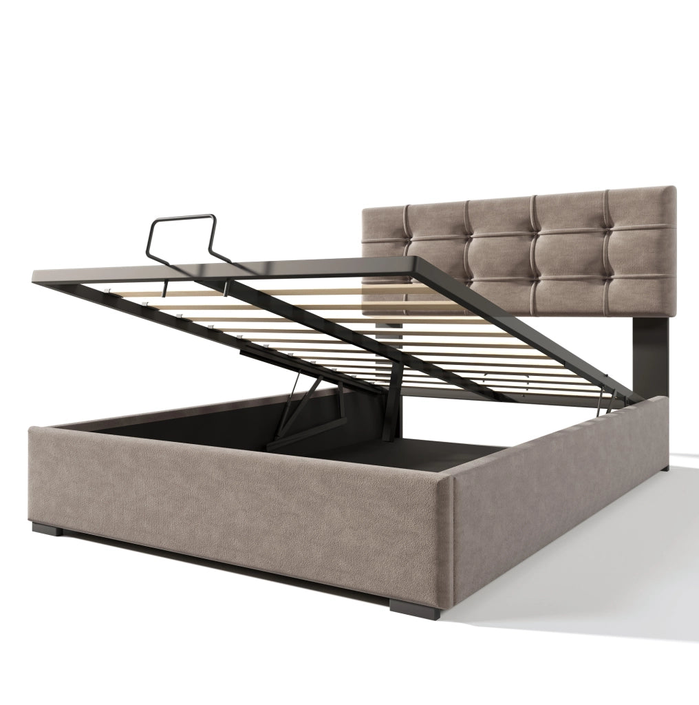 Letto imbottito 90x200 cm con contenitore e testiera regolabile; velluto grigio chiaro